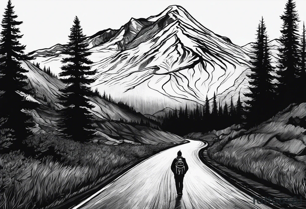 A man with a backpack walking down a road lined with trees, holding a bicycle towards a mountain. I want the design to be portrait and sort of a vanishing road towards the mountain. The mountain is Black Tusk in British Colombia tattoo idea