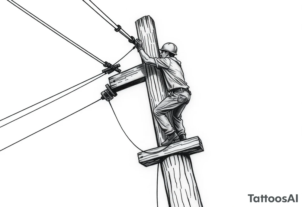 power lineman climbing a wooden 12kv pole. Make the pole a cross that has a hidden resemblance to god. tattoo idea