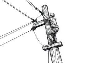 power lineman climbing a wooden 12kv pole. Make the pole a cross that has a hidden resemblance to god. tattoo idea