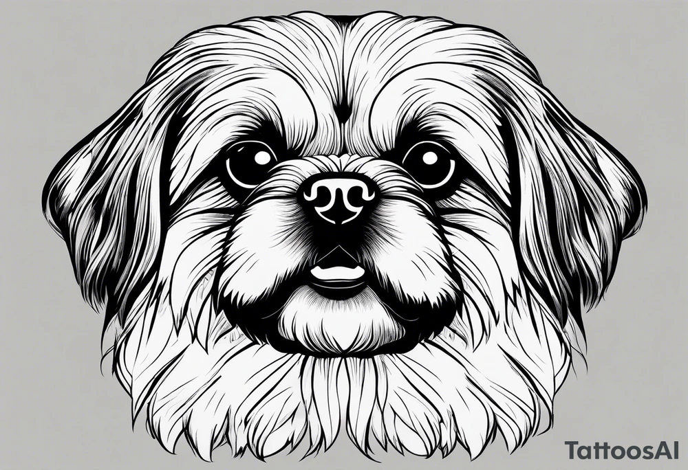 The most minimalist drawing of a pekingese with shih tzu dog's face. He has big eyes and a crooked smile. Do it like Picasso tattoo idea