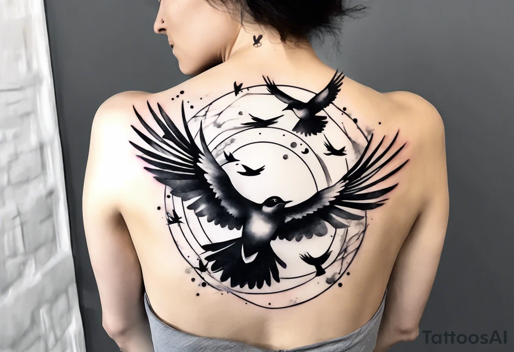 shoulder tattoo with light rays with birds flying free among the clouds, round shape, 3d effect tattoo idea