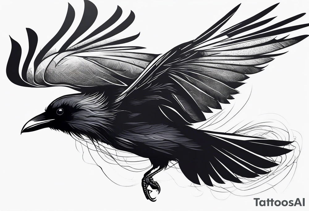 Raven in flight, upsidedown, knowing, light behind its eyes, ethereal tattoo idea