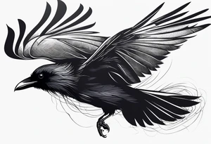 Raven in flight, upsidedown, knowing, light behind its eyes, ethereal tattoo idea