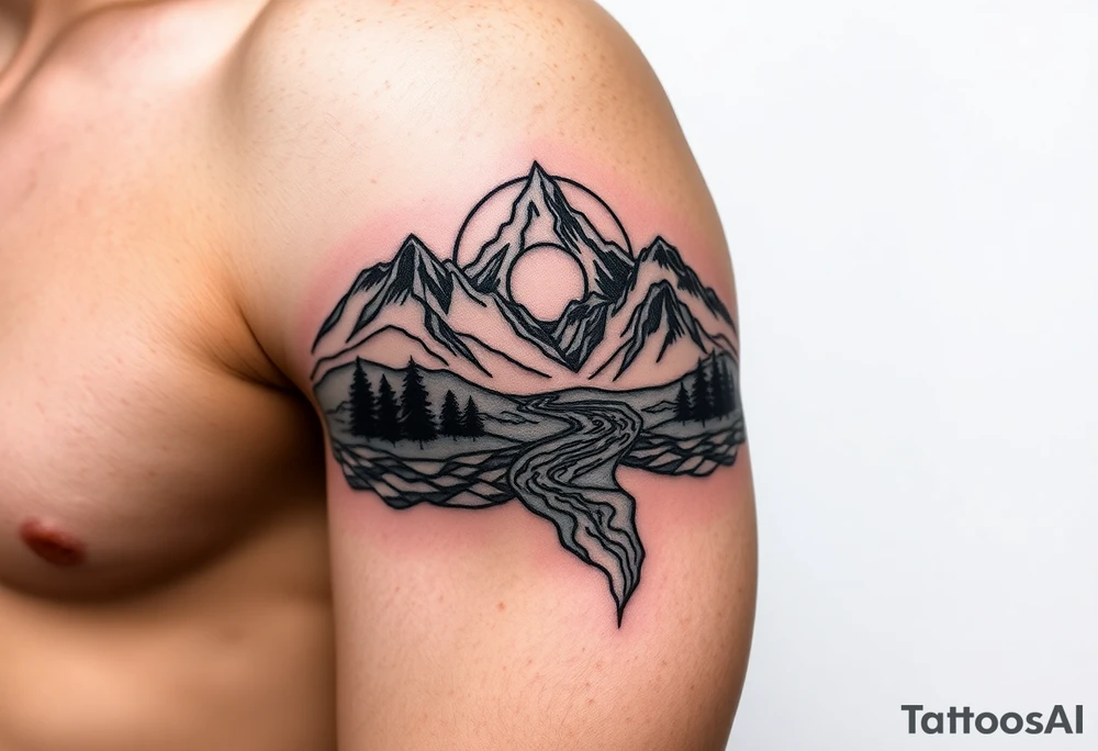mountains with river and sunset upper arm tattoo tattoo idea mountains with river and sunset upper arm tattoo tattoo idea