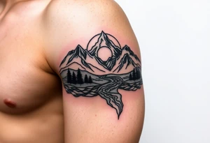 mountains with river and sunset upper arm tattoo tattoo idea
