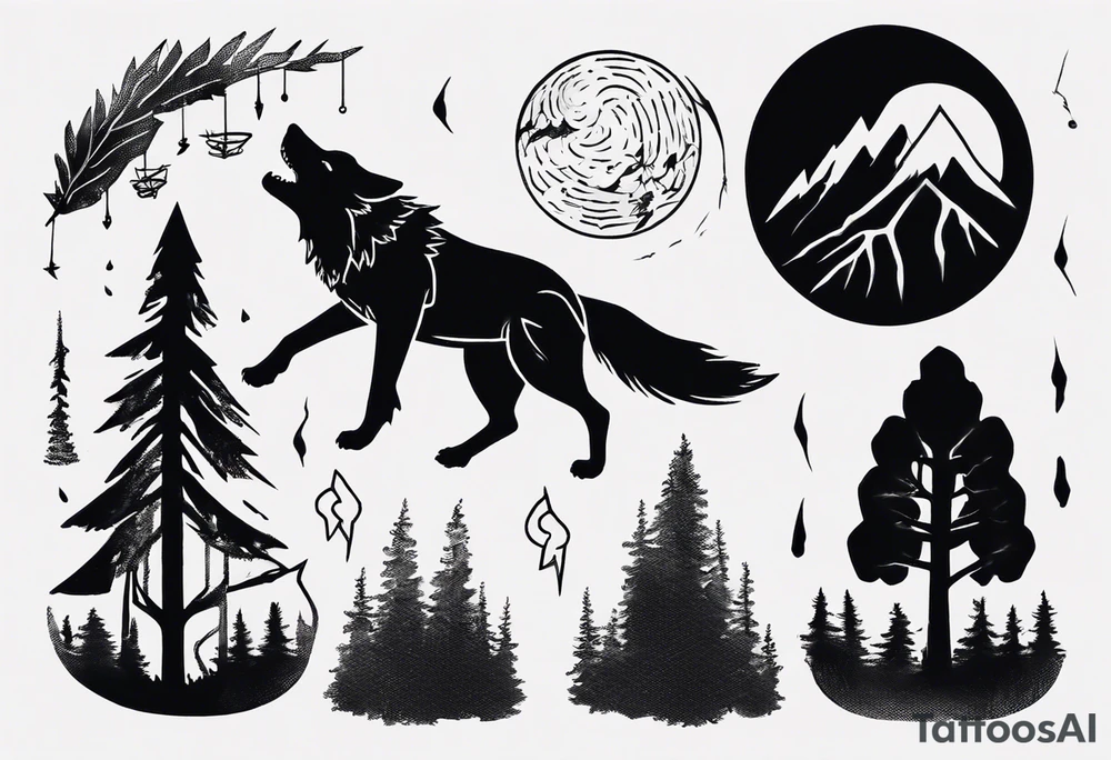 thunderstorm over a forest with a wolf howling on drums tattoo idea thunderstorm over a forest with a wolf howling on drums tattoo idea