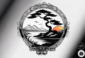 Sunset and little down bonsai trees tattoo idea