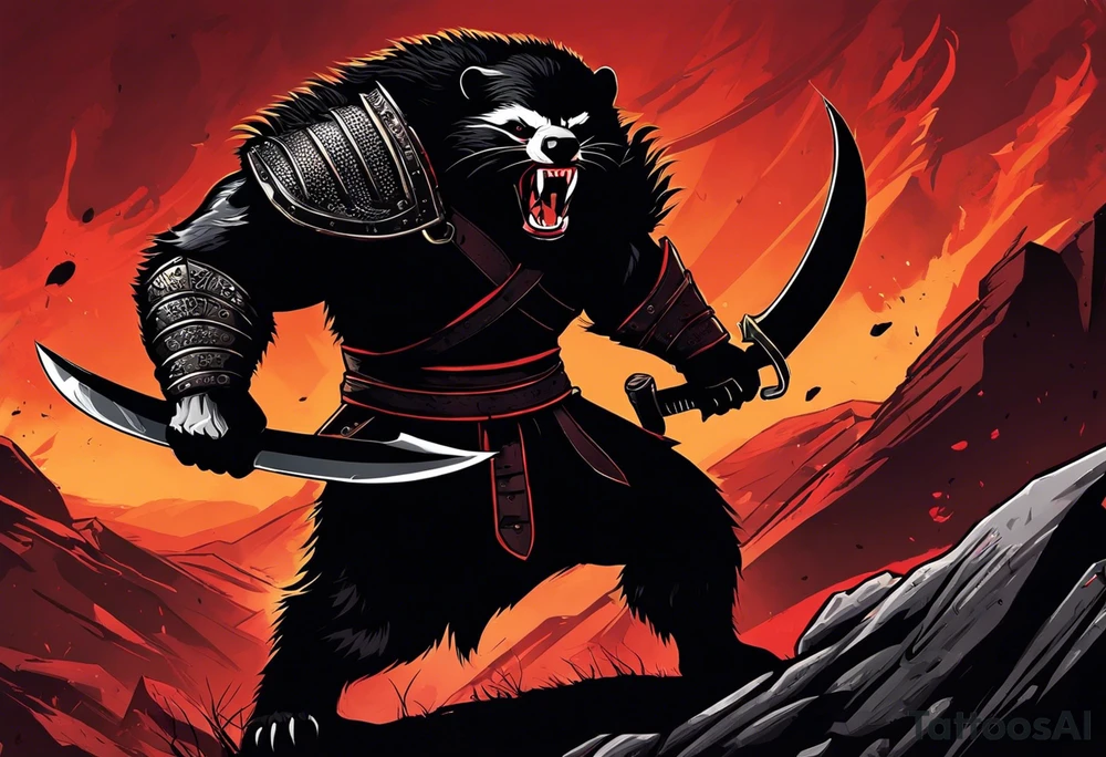 Draw me psychopath Fearless Honey Badger/Berserker with aggressive full body, killer face with a scary smile, very long nails and he attacks like a Bloody Assassin/Warrior/Gladiator to us and also, he has very deadly looking. He fights with his nails only. Everybody scares after their first sight. Give me horror type Badger Tattoo. I want to see his Realistic full body with no weapons. You can show destruction at the back. tattoo idea
