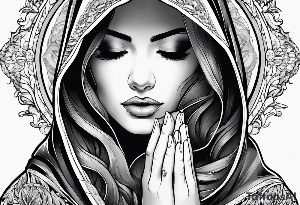 Woman in cloak praying hands side view tattoo idea