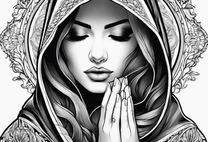 Woman in cloak praying hands side view tattoo idea