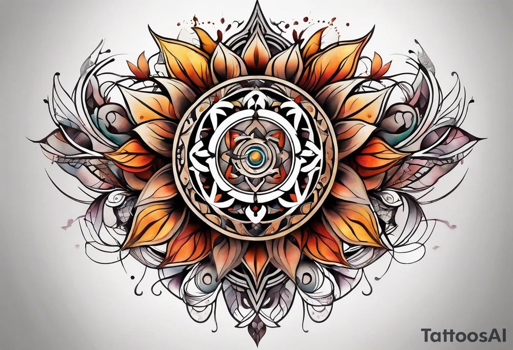 front knee tattoo with sacred geometry, swirls & washes, background and in fall colors tattoo idea