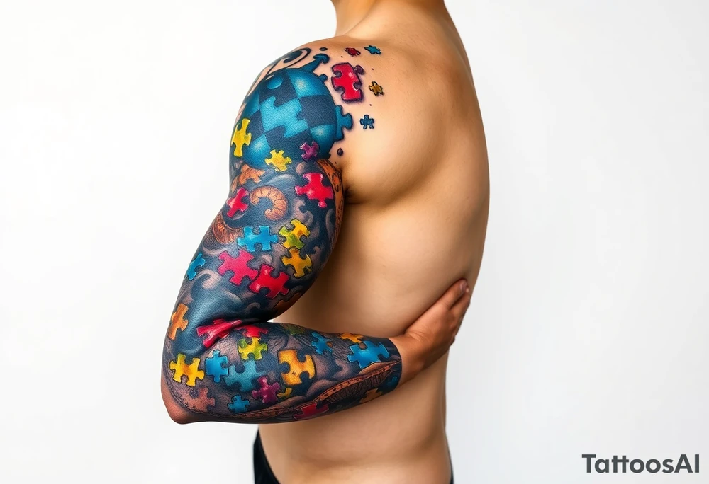 full left arm sleeve dedicated to my son with autism full color giving him the world autism awareness extra detail and lots of puzzle pieces tattoo idea