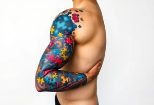 full left arm sleeve dedicated to my son with autism full color giving him the world autism awareness extra detail and lots of puzzle pieces tattoo idea