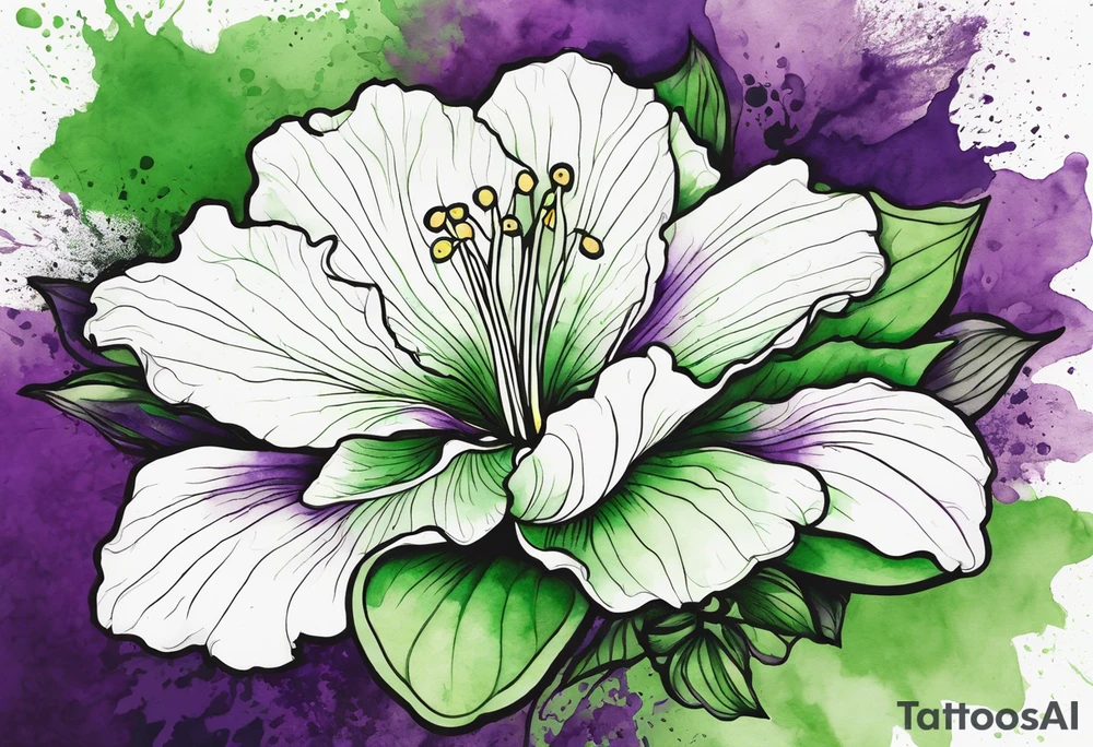 An outline of a green rio dipladenia flower and a green and purple watercolor splash in the background tattoo idea