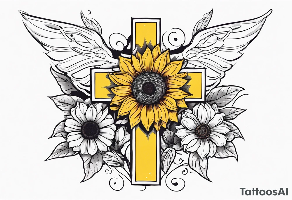 Arm sleeve with Winged cross with sunflower and butterflies tattoo idea