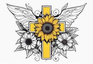 Arm sleeve with Winged cross with sunflower and butterflies tattoo idea