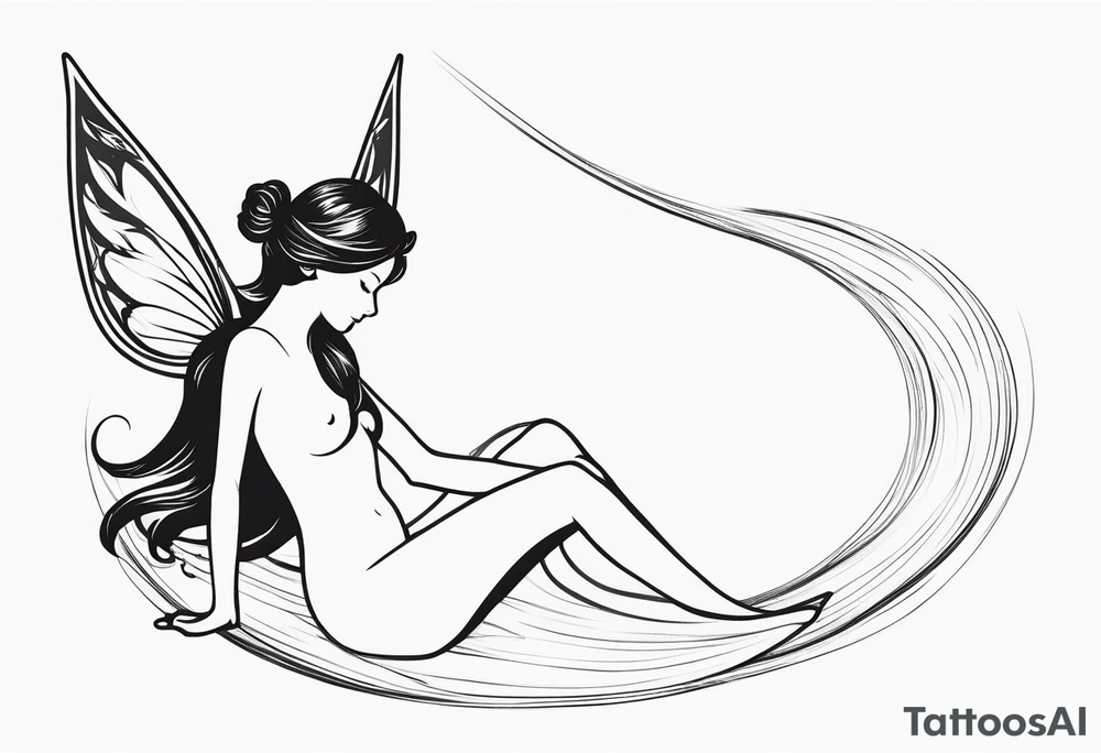 Minimalistic, monochromatic fairy with a tail flying to the left in a fetal position, leaning and looking in the same direction, with visible hands, embodying the 'Fairy Tail' logo aesthetic. tattoo idea