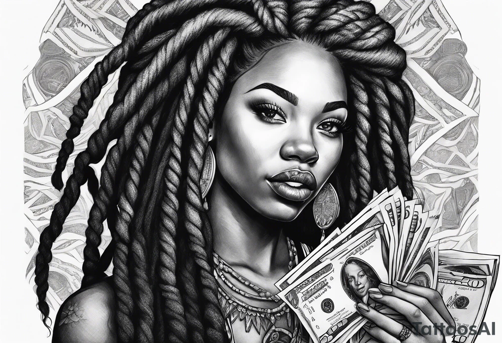 woman with dreadlocks biting money tattoo idea