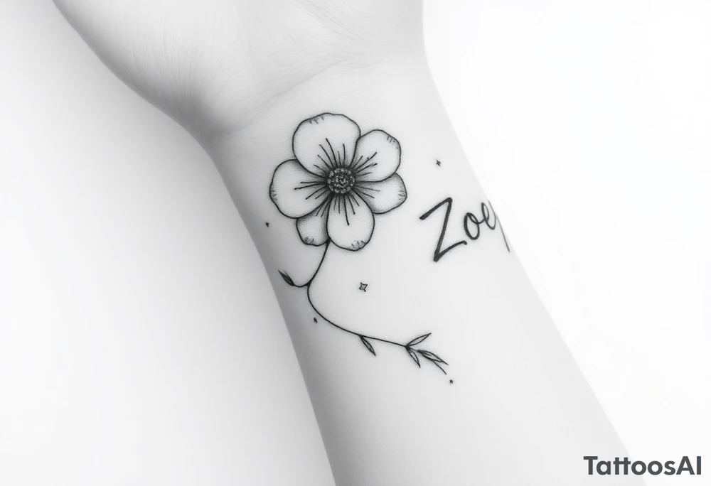 I want it on my wrist. I want a beautiful flower on the inside of my wrist with tendrils down the inside of my arm with little delicate stars or motes and the name Zoey

Why are you showing it on a back? I want it on the inside of my wrist

I want it to be a little smaller. I want the lines to be super fine. I want more organic delicate tendrils. The name Zoey should be about 3" up on the inside of my arm 

I just want the tendrils to look more natural and flowy and graceful.
I do not want stars in it anymore. 
Please show it on the inside of the wrist with the blossom just below the palm and the tendrils curling up the inside of the arm. I want a little more tendrils with some little sparkles very delicate leading to the name
More options. Make it super delicate and graceful. The tendrils can have tiny delicate leaves 

It needs to be on the underside of the wrist on the inside flowing up the arm
More tendrils and more sparkles tattoo idea