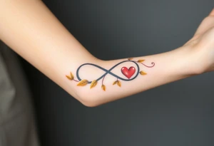 A infinity symbol adorned with golden leaves and a tiny red heart tattoo idea