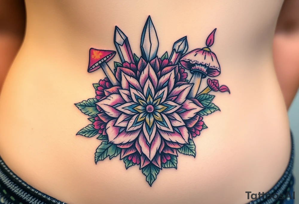 psychedelic  tattoo with crystals and  mandala style flowers and mushrooms like the second picture tattoo idea