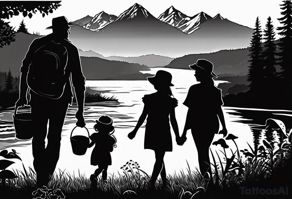Family silhouette with a father, a mother, older son, older daughter, and small daughter foraging mushrooms with mountains and creek in background tattoo idea