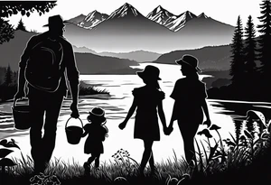 Family silhouette with a father, a mother, older son, older daughter, and small daughter foraging mushrooms with mountains and creek in background tattoo idea