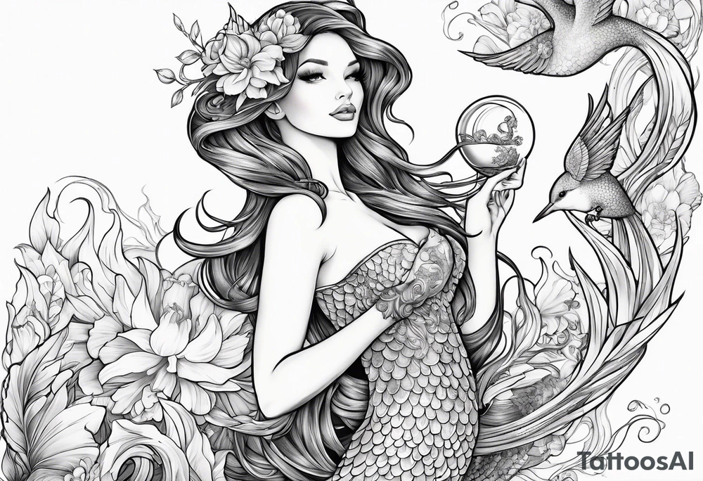 Mermaid holding hummingbird tattoo idea