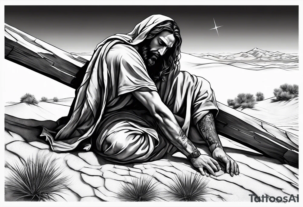 man crawling in a desert reaching to the cross of Christ tattoo idea