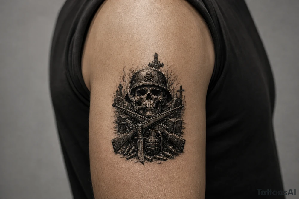 Dark fantasy graveyard, skull in helmet, cigar, crossed rifles, knife, grenade, cartridges. tattoo idea