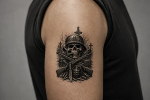 Dark fantasy graveyard, skull in helmet, cigar, crossed rifles, knife, grenade, cartridges. tattoo idea
