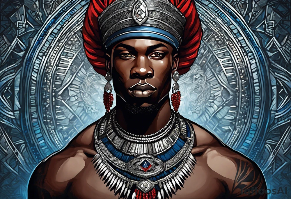 Black-skinned bald african warrior. He wears a simple and small silver crown. He uses blue and red necklaces tattoo idea