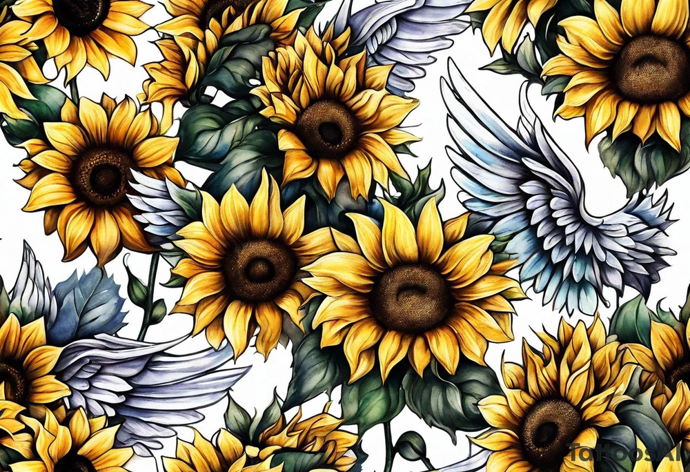 Sunflowers and angel wings leg sleeve tattoo idea
