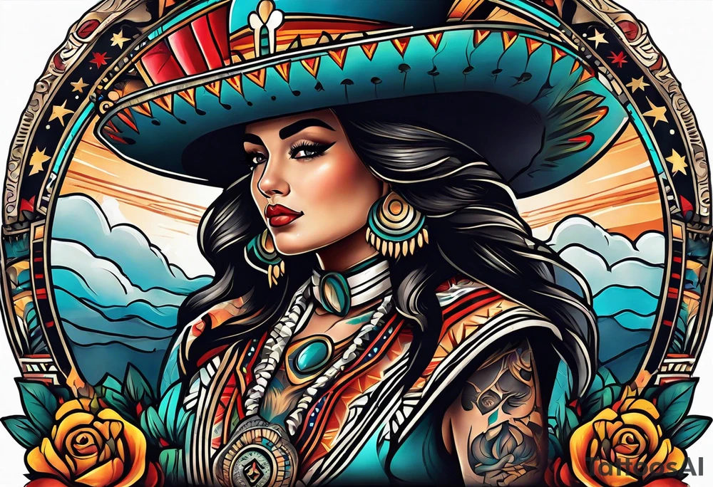 Arm sleeve inspired by Mexican American imagery and space in the American traditional style tattoo idea