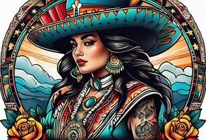 Arm sleeve inspired by Mexican American imagery and space in the American traditional style tattoo idea