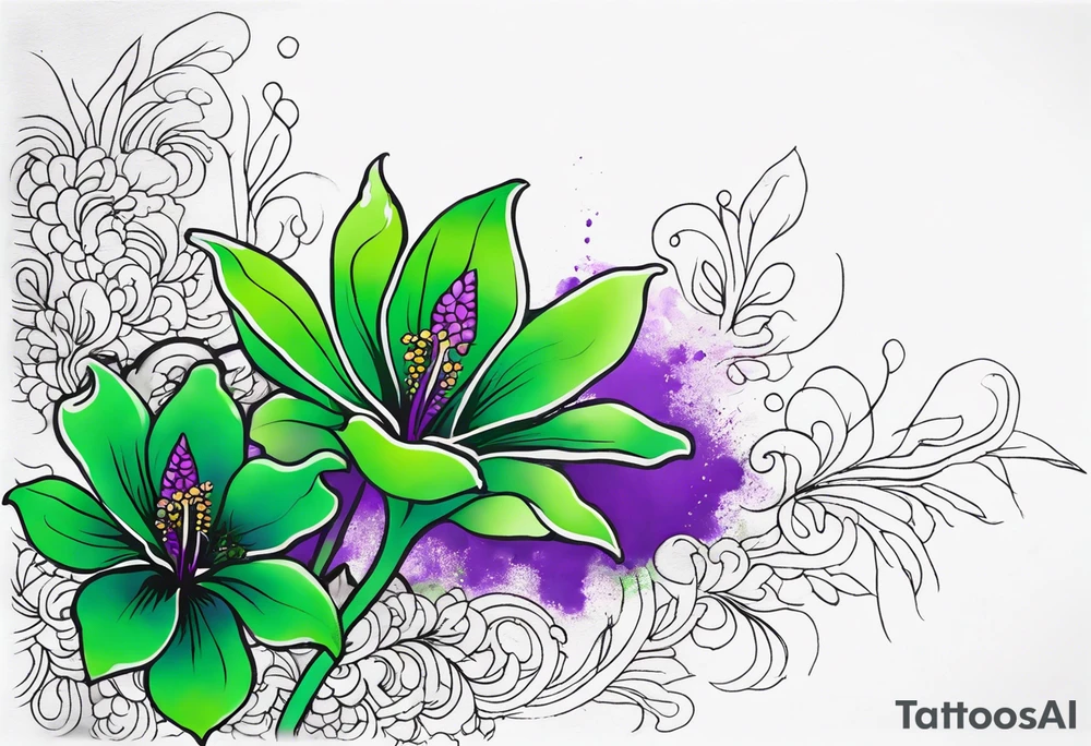A mystical outline of a green with a bit of purple rio dipladenia flower and a green and purple watercolor splash in the background tattoo idea