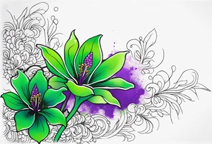 A mystical outline of a green with a bit of purple rio dipladenia flower and a green and purple watercolor splash in the background tattoo idea