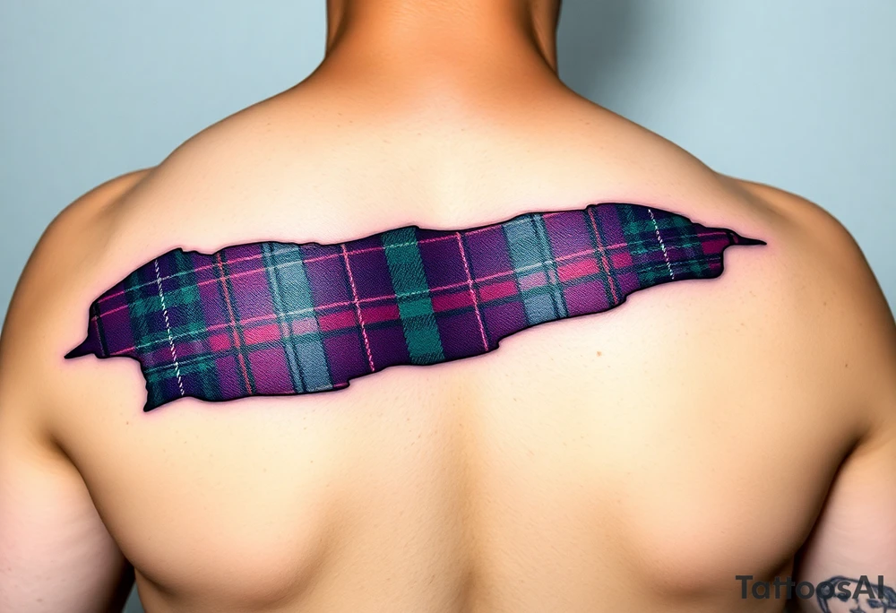 Side of arm Dark Purple with green pink blue and white highlights tartan fabric 
with skin ripping away at edges tattoo idea