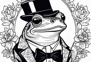 Cute Frog smiling wearing top hat and a suit standing on its Back legs while holding flowers tattoo idea