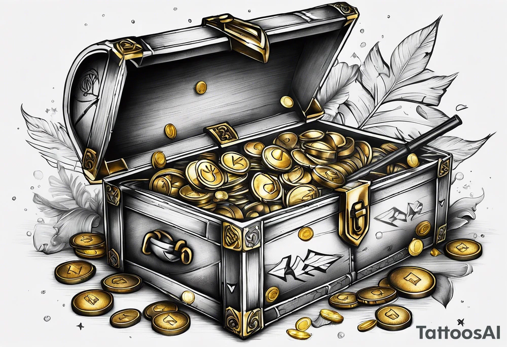 idea of adding Lucky stats to this tattoo. using 3 arrows to representing Luck, arrows stick on to a opened treasure box with gold and coins spreading everywhere. show SKINBUFF on the tattoo. tattoo idea