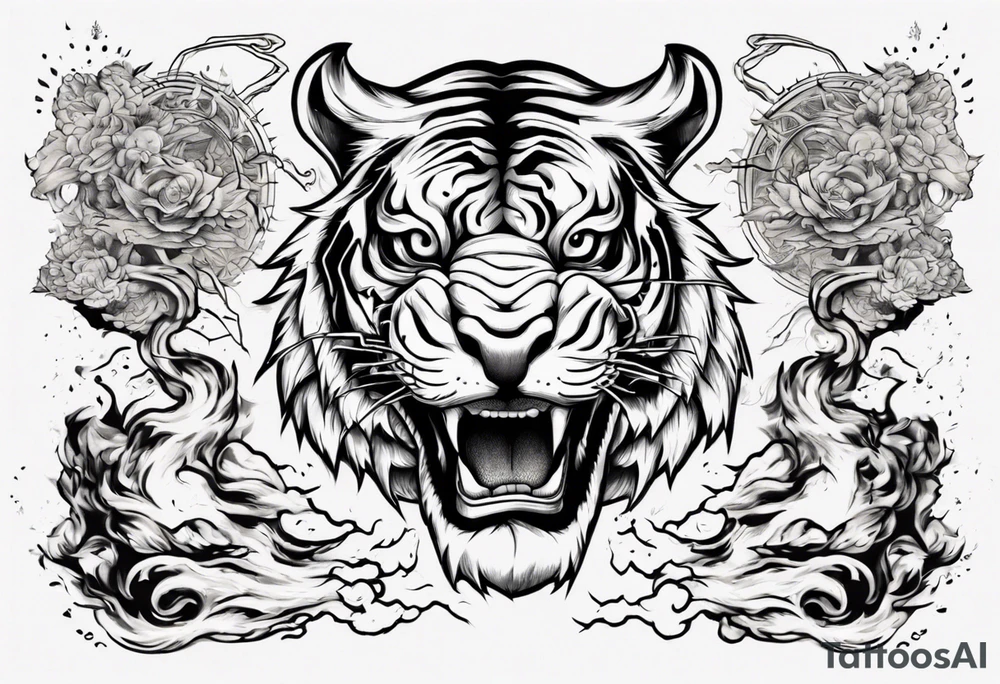 Ancient tiger with lightning and a sun for a forearm sleeve. With patterns surrounding it tattoo idea