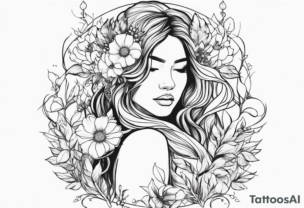 Powerful sexy warrior woman wearing animal fur surrounded by flowers and vines tattoo idea