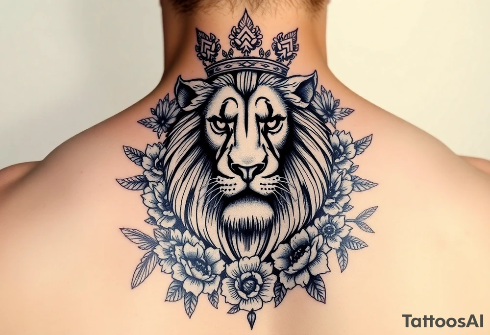 powerful majestic lion with a crown, surrounded by floral ornaments and birds tattoo idea
