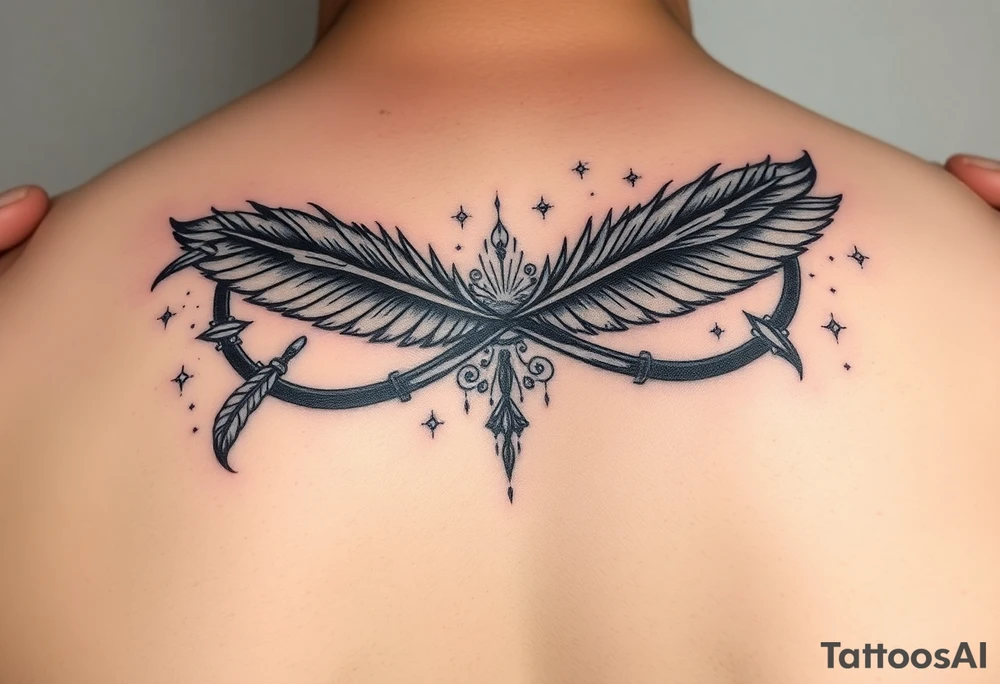 infinity symbol woven with floating feathers and stardust tattoo idea