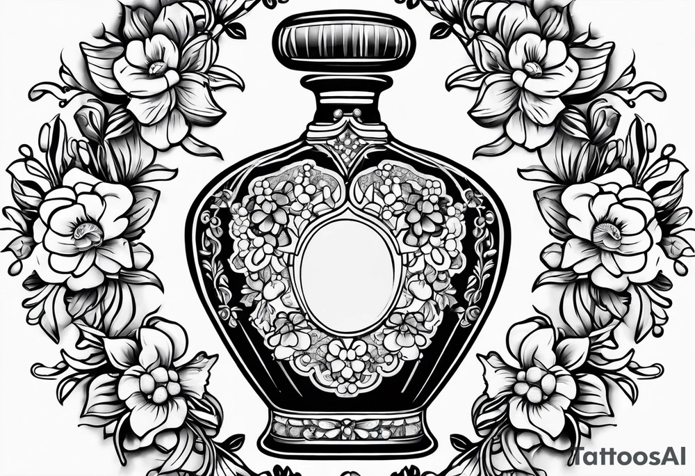 1950s perfume bottle with bows, pearls, lace, and flowers tattoo idea
