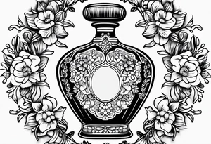 1950s perfume bottle with bows, pearls, lace, and flowers tattoo idea