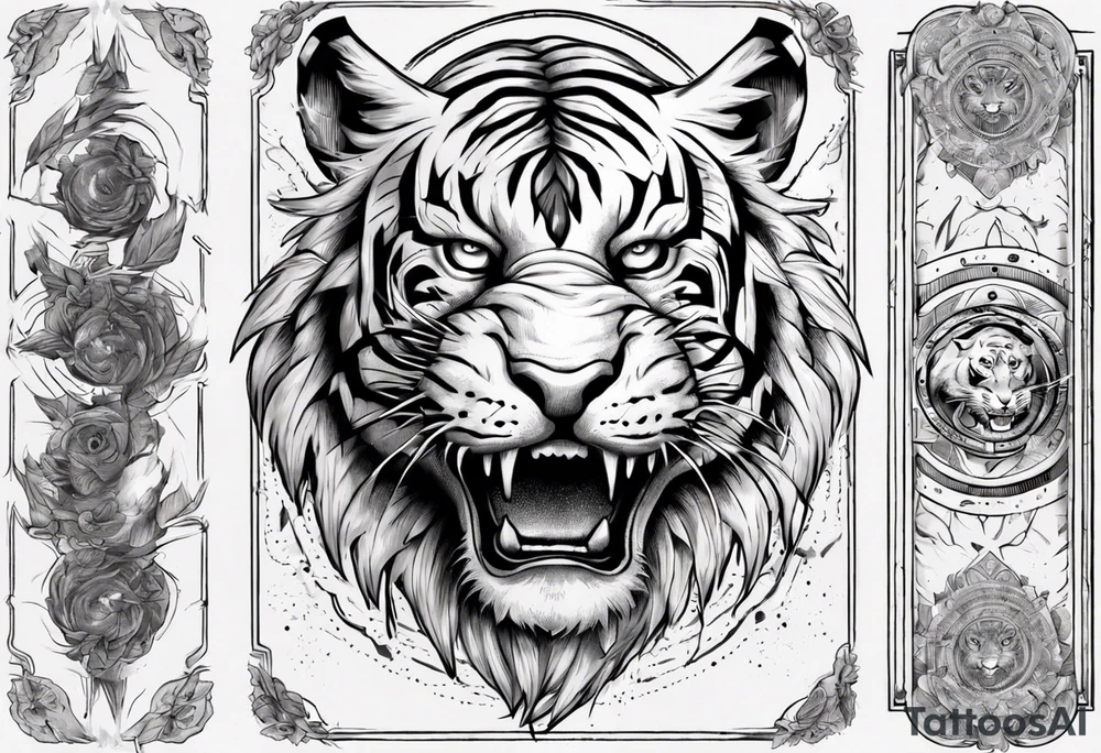 Ancient tiger with lightning and a sun for a forearm sleeve. With patterns surrounding it tattoo idea