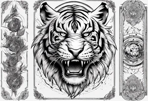 Ancient tiger with lightning and a sun for a forearm sleeve. With patterns surrounding it tattoo idea