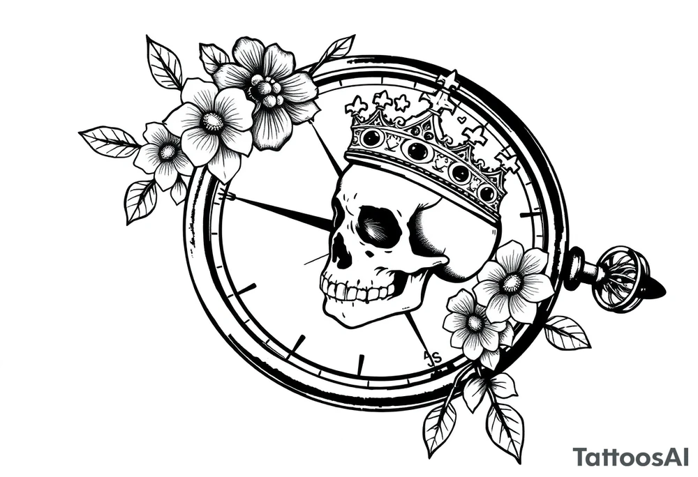 Compass with detailed beautiful gothic boho flowers on vine and skull with gorgeous crown tattoo idea
