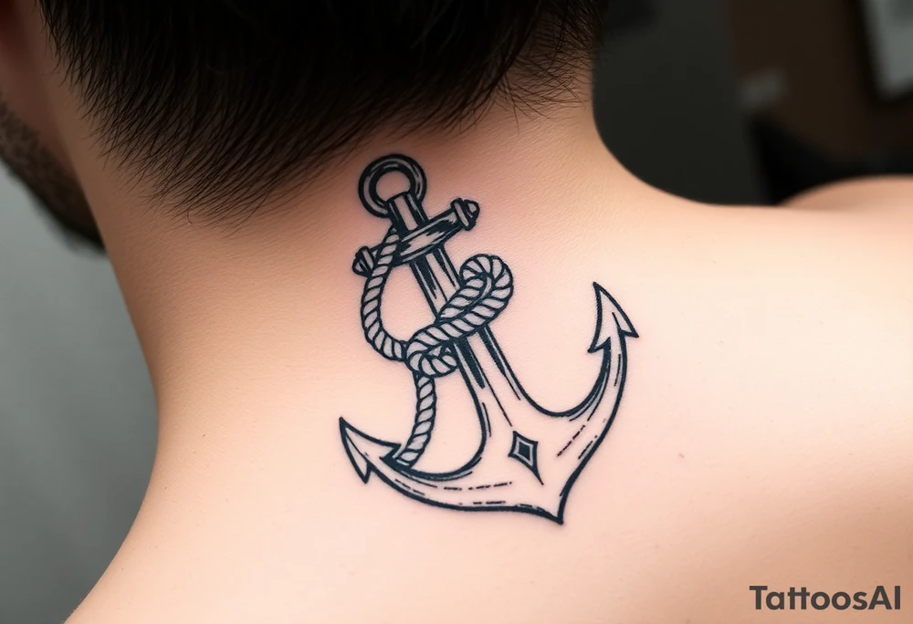 weathered anchor wrapped in nautical rope with sea waves tattoo idea